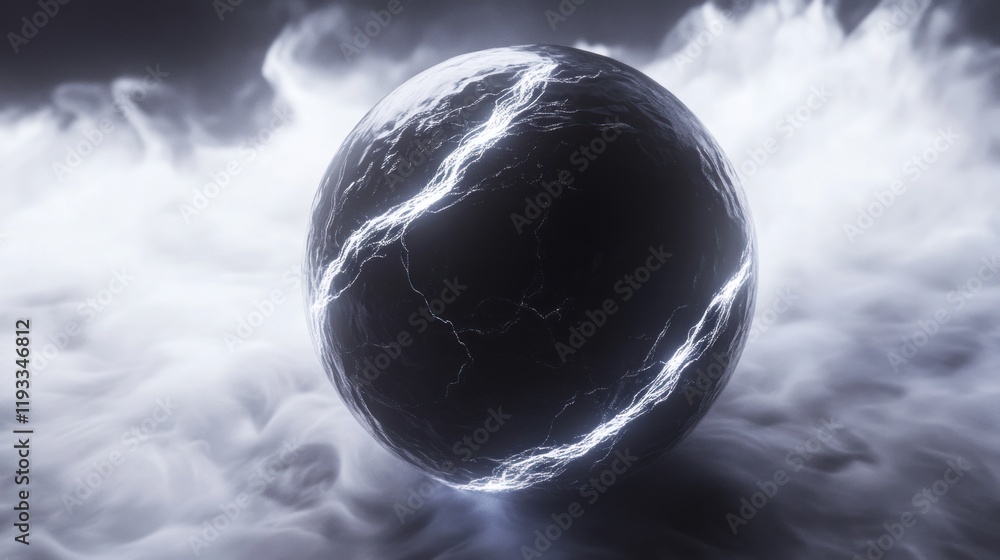 Poster mysterious glowing sphere in a cloudy atmosphere: a digital art creation