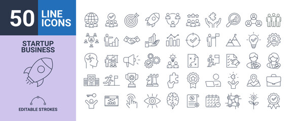 50 startup business icon set line editable stroke
