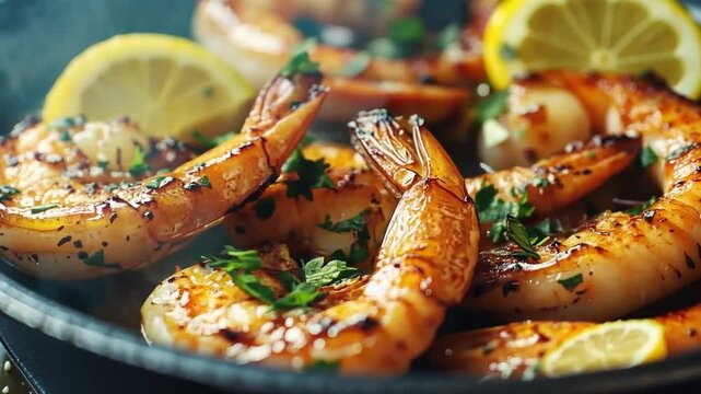 A close-up of juicy grilled shrimp garnished with parsley and lemon. This vibrant video showcases the beauty of seafood. Ideal for culinary presentations. Generative AI