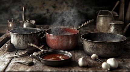 Detailed visualization of pots pans featuring a rustic setup with simmering sauces