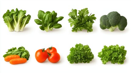A vibrant assortment of fresh vegetables displayed on a clean white surface, showcasing their diverse shapes and colors.