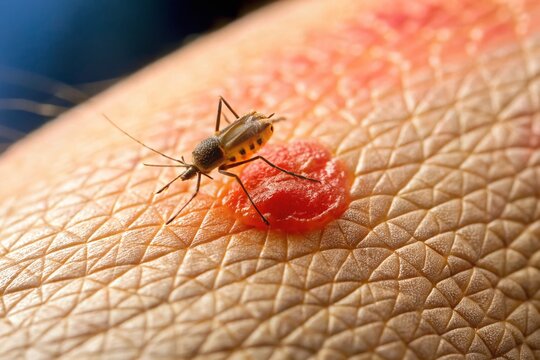 Close-up of itchy red sandfly bite welt on pale skin, showing inflammation and potential pustule.