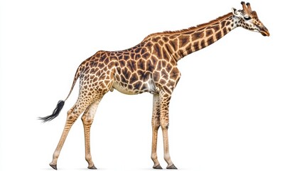 Naklejka premium A close-up of an African giraffe standing in isolation against a white background, showcasing its profile.