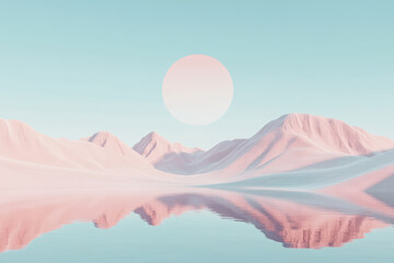 Serene pastel landscape with pink mountains and calm reflective lake at sunrise
