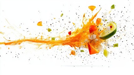 Fototapeta premium A vibrant image showcasing a refreshing glass of orange juice with a dynamic splash, highlighting its rich color and thirst-quenching appeal.