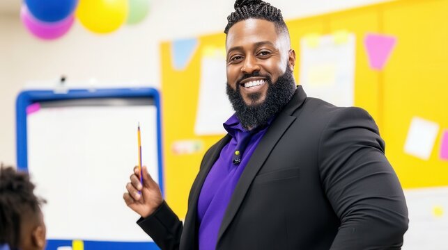 Engaging black male teacher in a vibrant classroom setting. Black History Month - Powered by Adobe