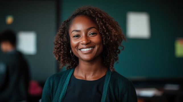 Inspiring black female teacher in classroom setting for education enthusiasm and leadership. Black History Month - Powered by Adobe