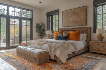 farmhouse interior design featuring a modern bedroom with rustic elements, blending contemporary style with cozy charm, showcasing warm colors and inviting textures