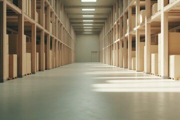 Modern warehouse interior with stacked cardboard boxes and long aisles