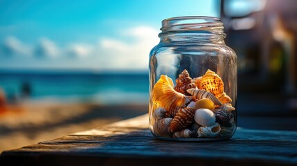A charming jar filled with seashells sits on a wooden table against a stunning beach backdrop, evoking feelings of nostalgia and summer serenity.