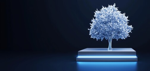 A luminous blue tree stands on a sleek platform, creating a serene and futuristic ambiance against a dark background.