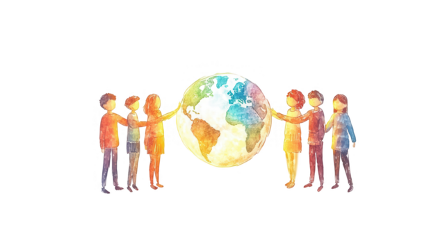 World Happiness Day-themed vector design of diverse children standing in a circle around a globe, symbolizing unity and cooperation, isolated on white, PNG file - Powered by Adobe