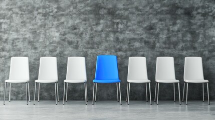 Obraz premium Blue chair among white chairs against a concrete wall.