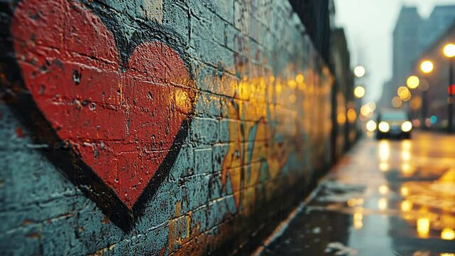 A heart graffiti on a brick wall on a rainy evening in the city.