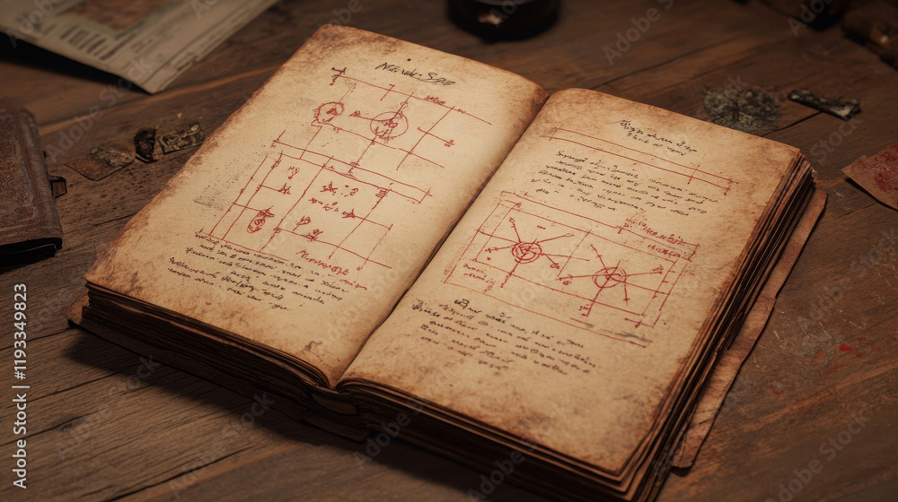 Poster vintage open notebook with detailed sketches and handwritten notes, showcasing engineering diagrams 