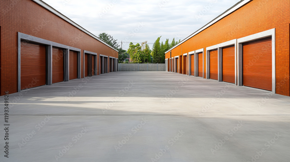 Poster modern storage facility with multiple orange roll up doors and spacious concrete area. design emphas