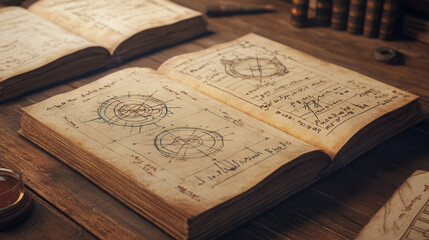 Ancient manuscripts with intricate diagrams and notes on wooden table, showcasing historical scientific illustrations and writings. atmosphere evokes curiosity and exploration
