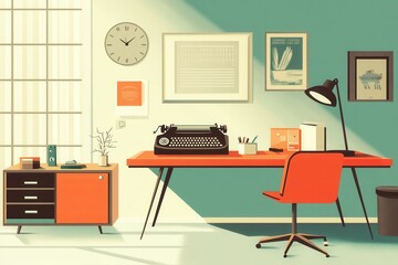 Fototapeta premium Modern office with retro accents – mid-century inspired workspace design.