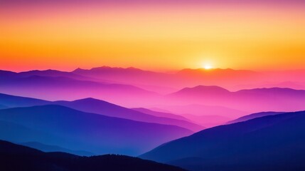 Serene sunset over vibrant mountain landscape with colorful gradient sky.