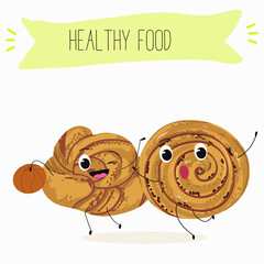 Cinnamon buns illustration, hand drawn, isolated vector illustration, funny pastry cute cheerful characters. Vector hand drawn illistration.