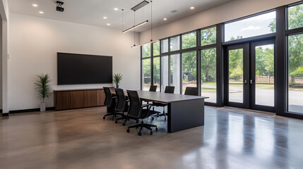 modern high tech office featuring spacious meeting room with large windows, sleek furniture, and minimalist design. bright space promotes collaboration and creativity