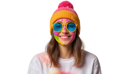 A smiling face with Holi powder smeared on the cheeks, wearing oversized circular sunglasses and a brightly colored beanie hat, isolated on a white transparent background PNG