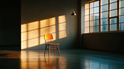 A solitary wooden chair bathed in warm sunlight creates a peaceful ambiance in this minimalist interior space, inviting contemplation and reflection on solitude.