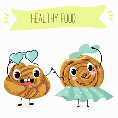 Cinnamon buns illustration, hand drawn, isolated vector illustration, funny pastry cute cheerful characters. Vector hand drawn illistration.