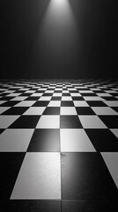 A minimalist and contemporary background featuring a checkered tile floor in a black and white color palette  The symmetrical pattern creates a clean sleek