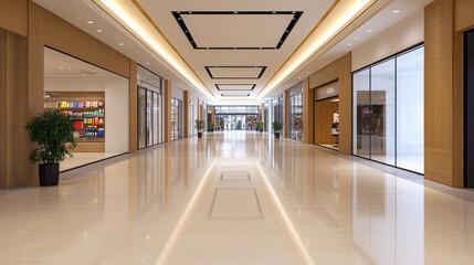long open hallway inside contemporary shopping mall featuring sleek design, polished floors, and modern storefronts. space is bright and inviting, perfect for shopping