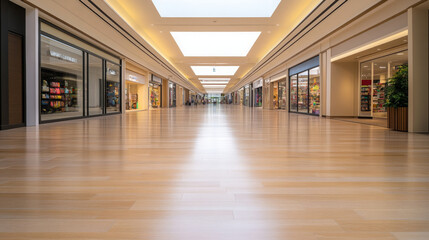 long open hallway inside contemporary shopping mall with wooden flooring, bright lighting, and storefronts on either side creates welcoming atmosphere for shoppers