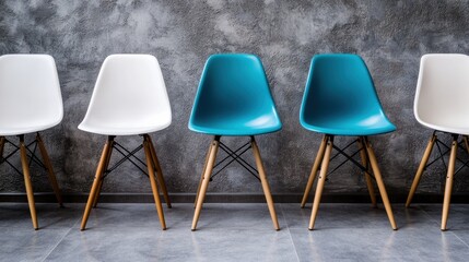 Two blue chairs among white chairs in a row against a concrete wall.