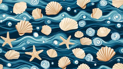 Seashells and Starfish Ocean Waves Pattern