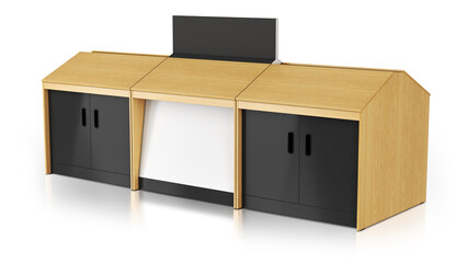 Retail wooden display cabinet for smartphones and laptop. 3d illustration on white background