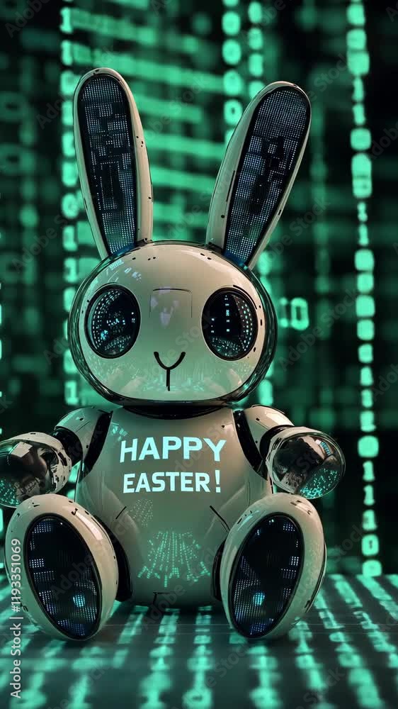 Aufkleber a charming robot bunny expresses joy for easter amidst a futuristic setting filled with green binary