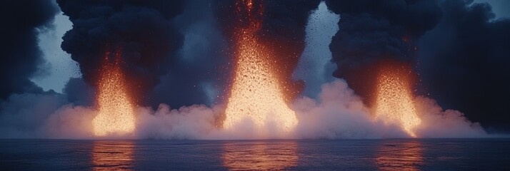 Fototapeta premium Erupting Volcanoes at Dusk with Fiery Lava and Smoke Plumes Over Water