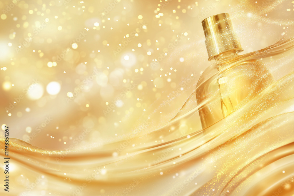 Poster bottle of perfume is on a gold background with a lot of sparkles. the bottle is the main focus of th