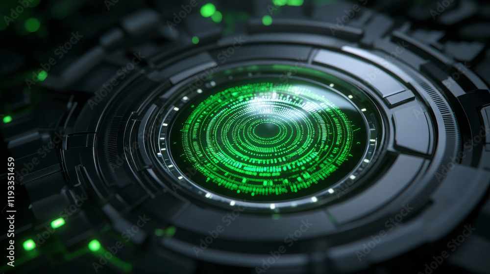 Poster futuristic close up of artificial eye with glowing green patterns, showcasing intricate technology a