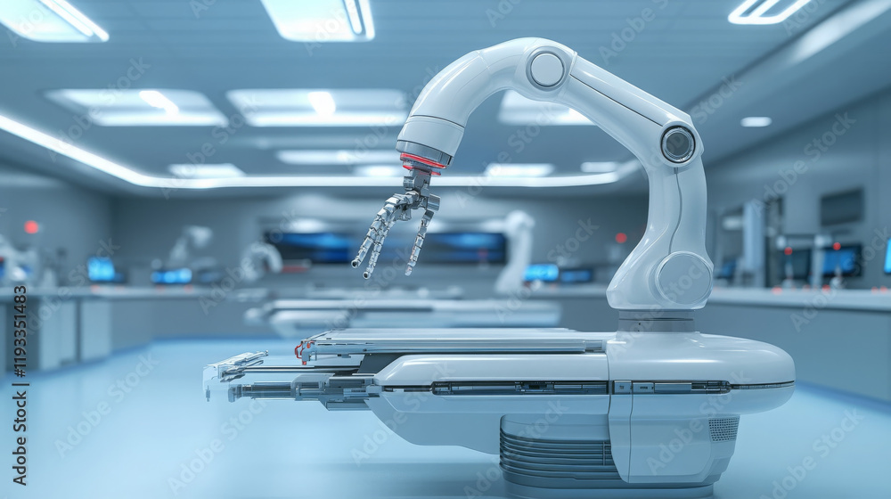 Poster futuristic robotic arm in cleanroom environment, showcasing advanced technology and precision. sleek