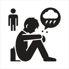 Sad young boy silhouette isolated on white background.