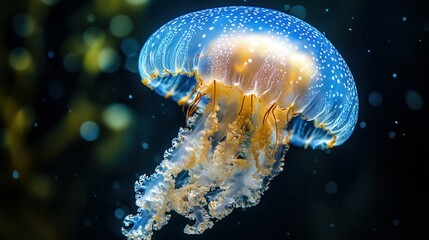 Mesmerizing jellyfish in motion with a transparent body in deep ocean chaos.