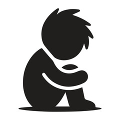 Sad young boy silhouette isolated on white background.