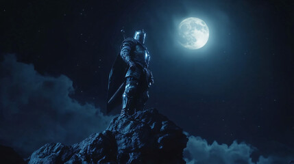 Fototapeta premium A lone knight stands atop a cliff at night, his armor reflecting the moonlight. The wind howls around him, but his eyes glow faintly, focused on the horizon ahead, full of silent determination.