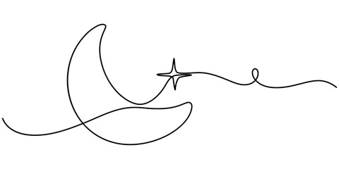 Continuous one line drawing of moon icon. Crescent moon for Ramadan isolated on white background outline vector art illustration, One continuous line drawing of Moon with star. Ramadan Kareem banner.