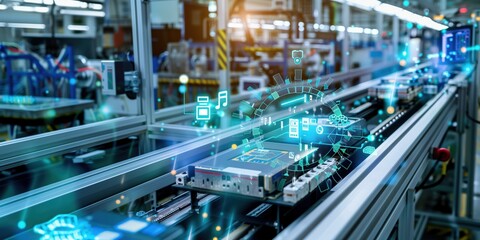 Fototapeta premium Modern Battery Manufacturing in a High-Tech Factory Environment Showcasing Industrial Automation and Digital Technology