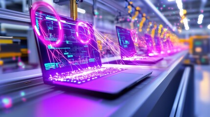 Close-Up of Advanced Laptop Production Line Showcasing Futuristic Technology and Digital Integration