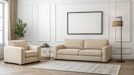 Obraz premium Beige Living Room Mockup Armchair, Sofa and Frame, Interior Design, Home Decor Home staging, living room design