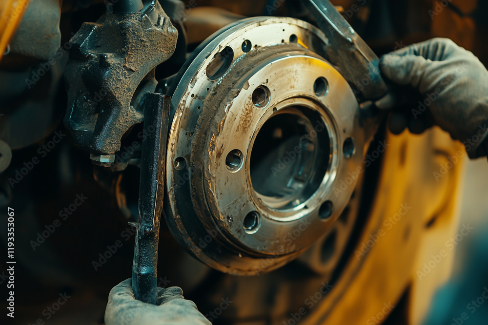 Aufkleber man is working on a car's wheel, using a hammer to remove a bolt. concept of determination and focus