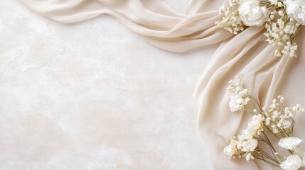 A delicate white flower arrangement elegantly displayed on a soft beige cloth, creating a serene and inviting atmosphere.