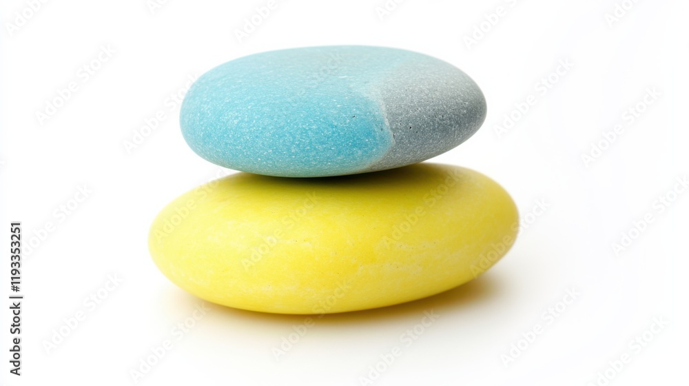 Poster smooth pebbles in blue and yellow color arranged aesthetically on a white background for creative an